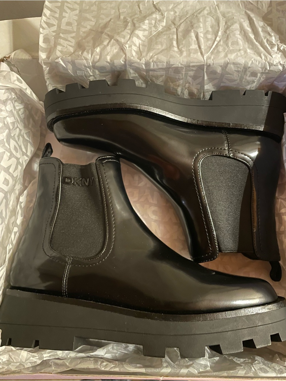 DKNY Black Glossy Chelsea Lug Ankle Boots